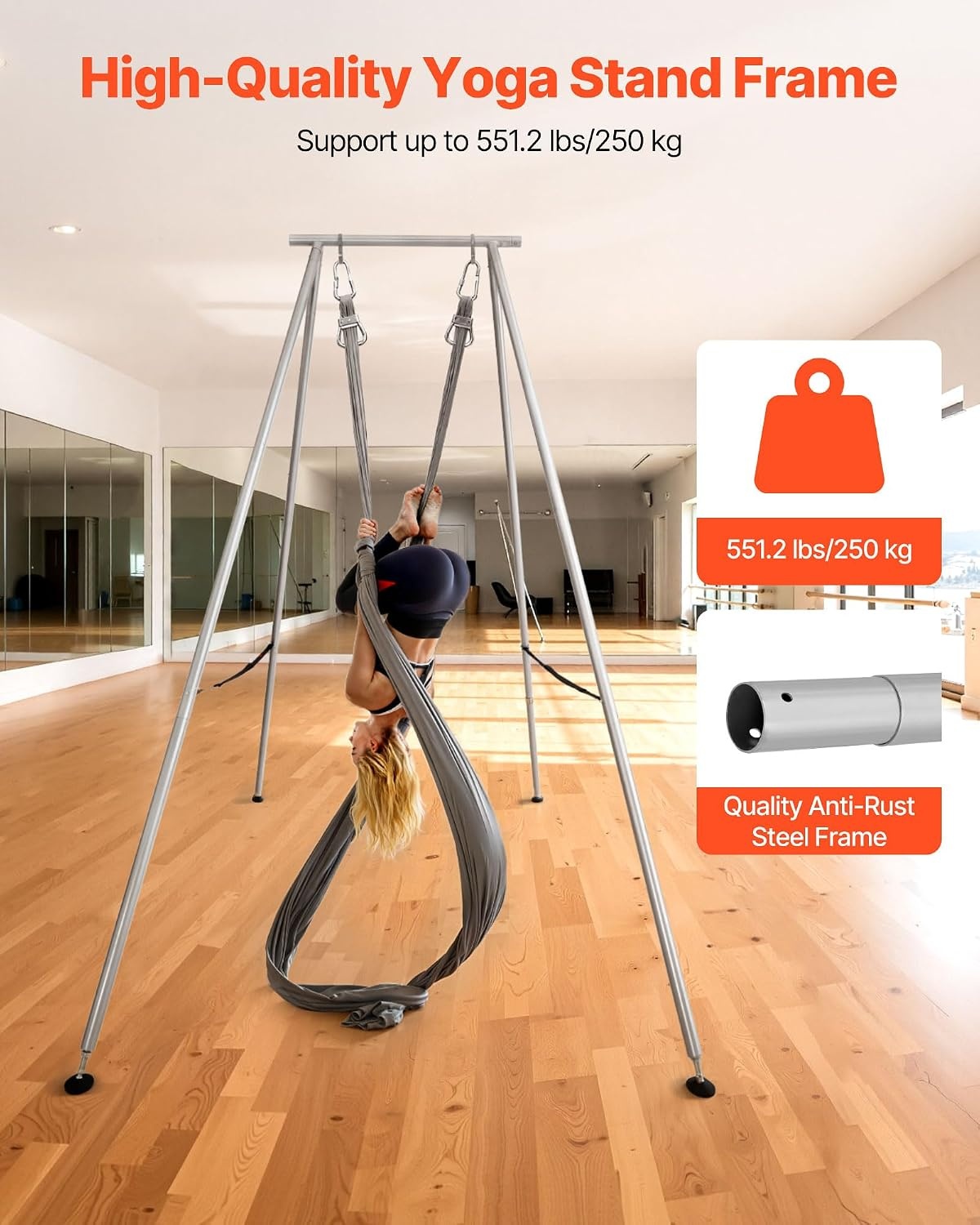 image:imageVEVOR Yoga Stand Frame 96 ft Aerial Silk Swing Stand Max 5512 lbs Load Capacity Triangular Structure with NonSlip Base amp EVA Foam 4Level Horizontal amp 6Level Vertical Adjustment Detachable Frame with 66Yard Yoga HammockSilverBlackSilverFrame