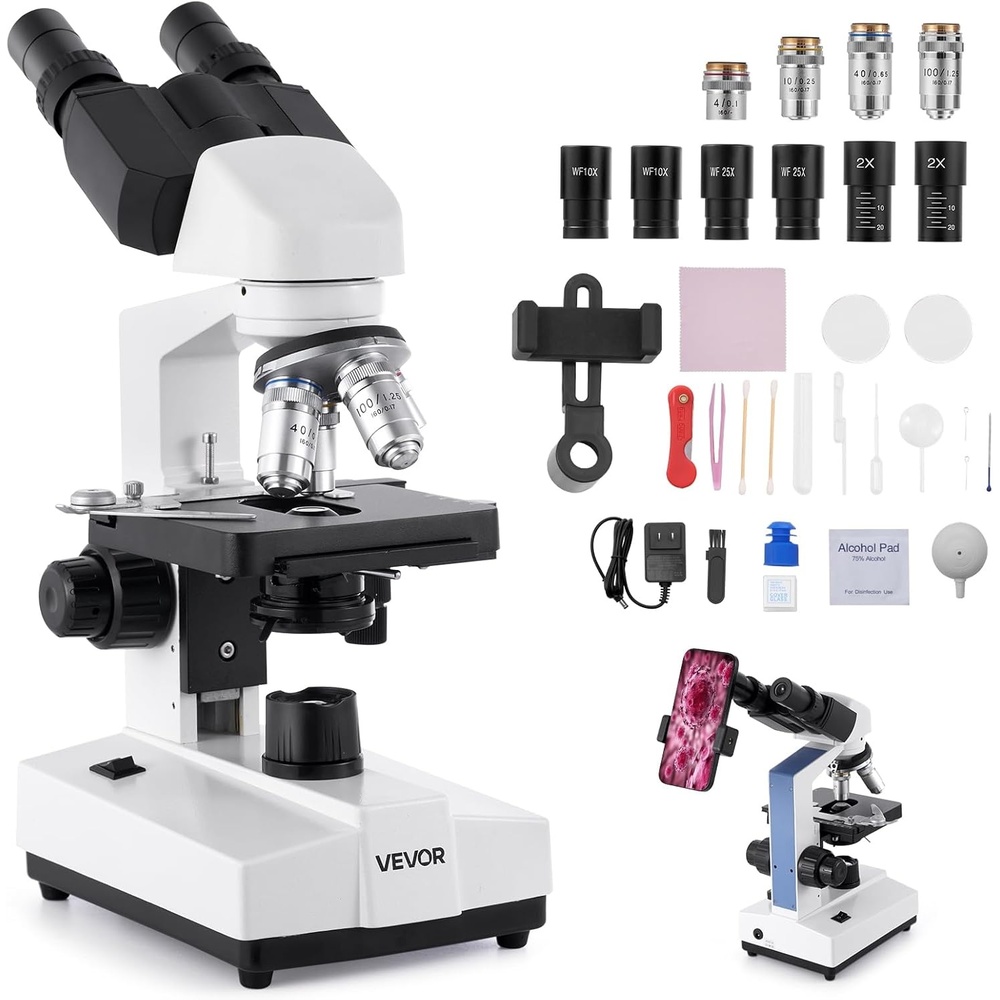 image:imageVEVOR Compound Binocular Microscope 402000X Magnification Professional Compound Microscope for Adult with Phone Adapter LED Light Aluminum Alloy Body for Lab School Home Education405000X