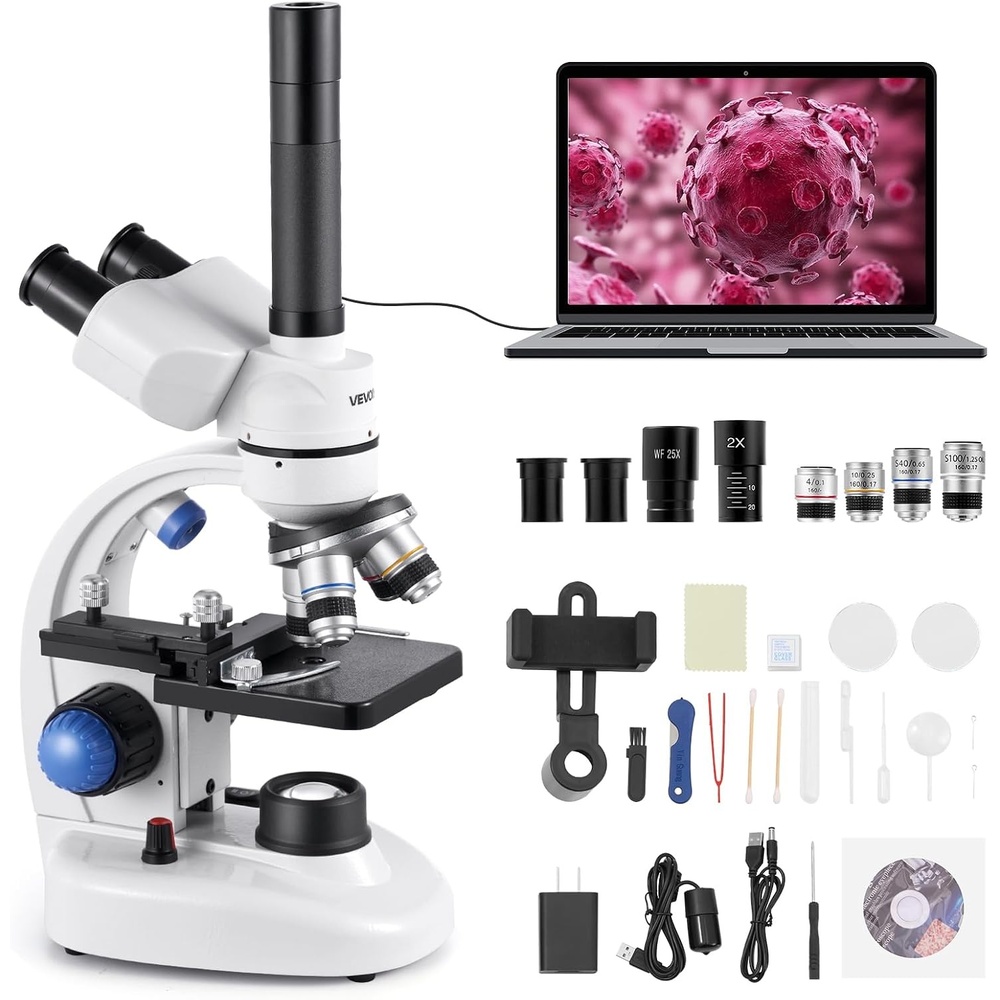 image:imageVEVOR Compound Trinocular Microscope 40X5000X Magnification Trinocular Compound Lab Microscope with TwoLayer Mechanical Stage LED Illumination External Interface and Microscope Slides IncludedB