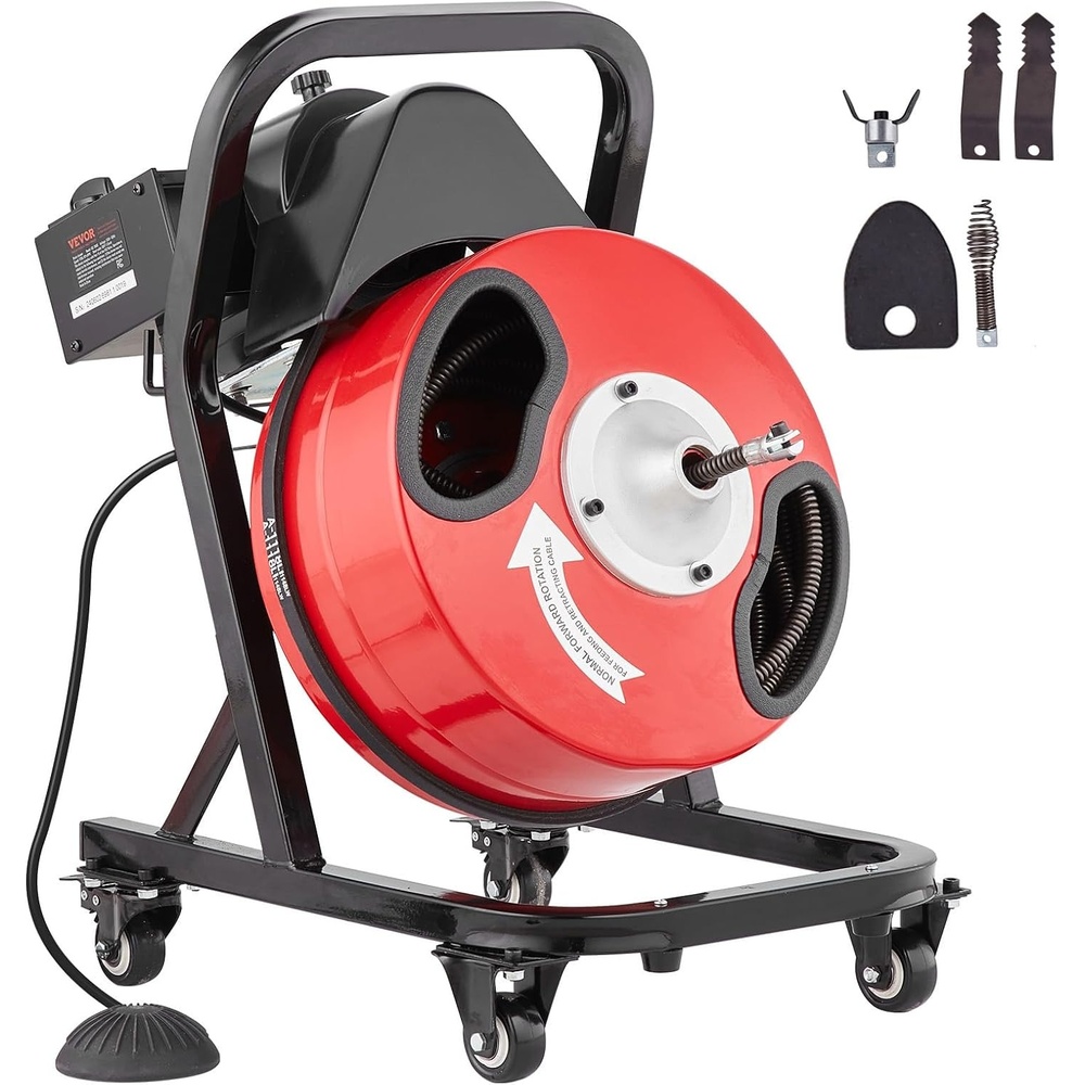 image:imageVEVOR Drain Cleaner Machine 100 FT x 12 Inch Auto Feed Sewer Snake Auger Portable Drain Cleaning Machine with Climbing Wheels Adjustable Drum 8 Cutters amp Foot Switch for 2 to 6 Pipes50 FT x 12 Manual Feed