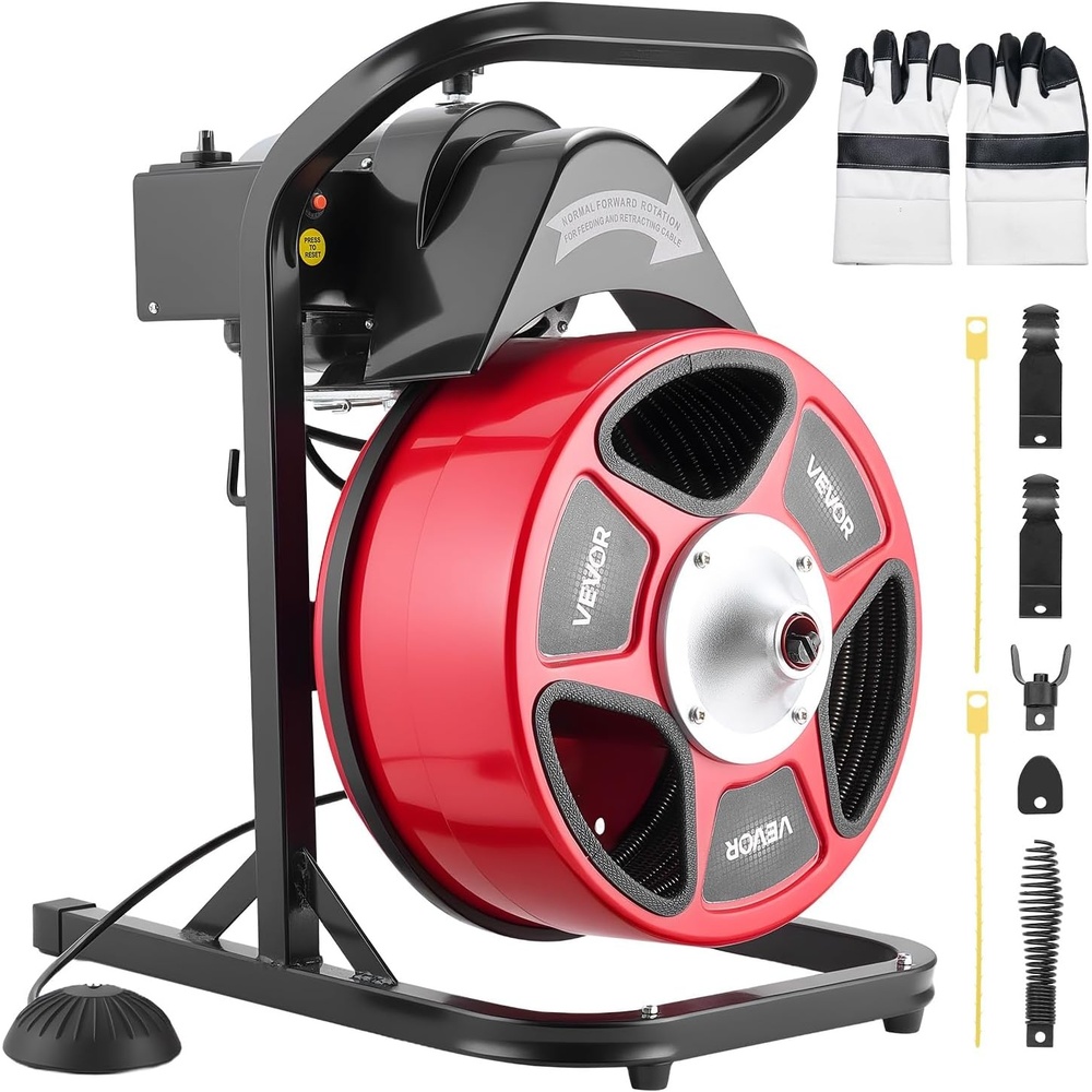 image:imageVEVOR Drain Cleaner Machine 50 FT x 12 Inch Manual Feed Sewer Snake Auger with 4 Cutters amp AirActivated Foot Switch for 2 to 6 Pipes50 FT x 12 Upgraded Version