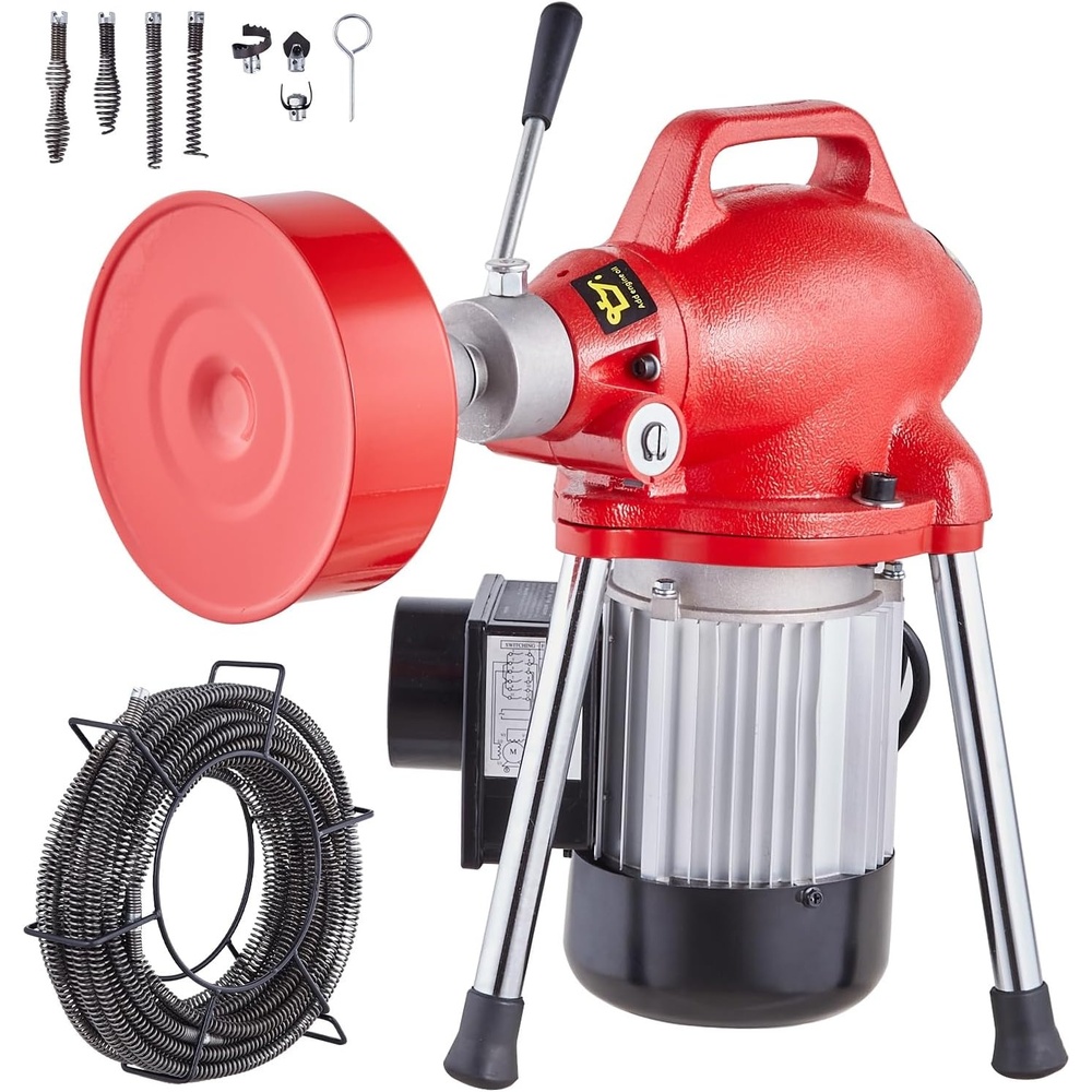 image:imageVEVOR Drain Cleaner Machine 66FT x 58 Inch 250W Electric Sewer Snake Auger with 2 Sectional Steel Cables 66 x 58 and 15 x 38 7 Cutters and CWCCW Control for 16 to 4 Pipes66Ft x 58Inch  7 Cutters