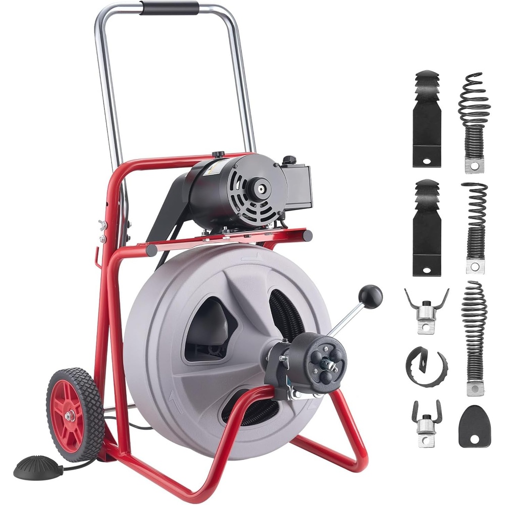 image:imageVEVOR Drain Cleaner Machine 75 FT x 38 Inch Auto Feed Sewer Snake Drain Auger on Wheels Portable Drain Cleaning Machine with 8 Cutters amp AirActivated Foot Switch for 2 to 4 Pipes100 FT x 12