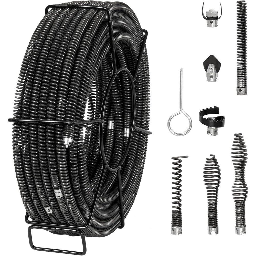 image:imageVEVOR Drain Cleaning Cable 100 FT x 58 Inch Professional Sectional Drain Cleaner Cable with 7 Cutters for 08 to 39 Pipes for Hollow Core Sewer Cleaner Auger Sink Toilet100FT x 58Inch
