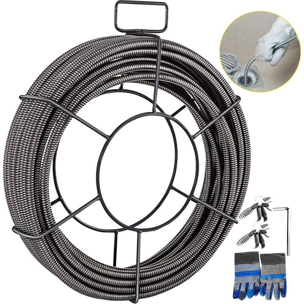 image:imageVEVOR Drain Cleaning Cable 75ft x 12 inch Solid Core Cable Sewer Cable Drain Auger Cable Cleaner Snake Clog Pipe Drain Cleaning Cable WFour Shapes of Cutters75Ft x 12Inch