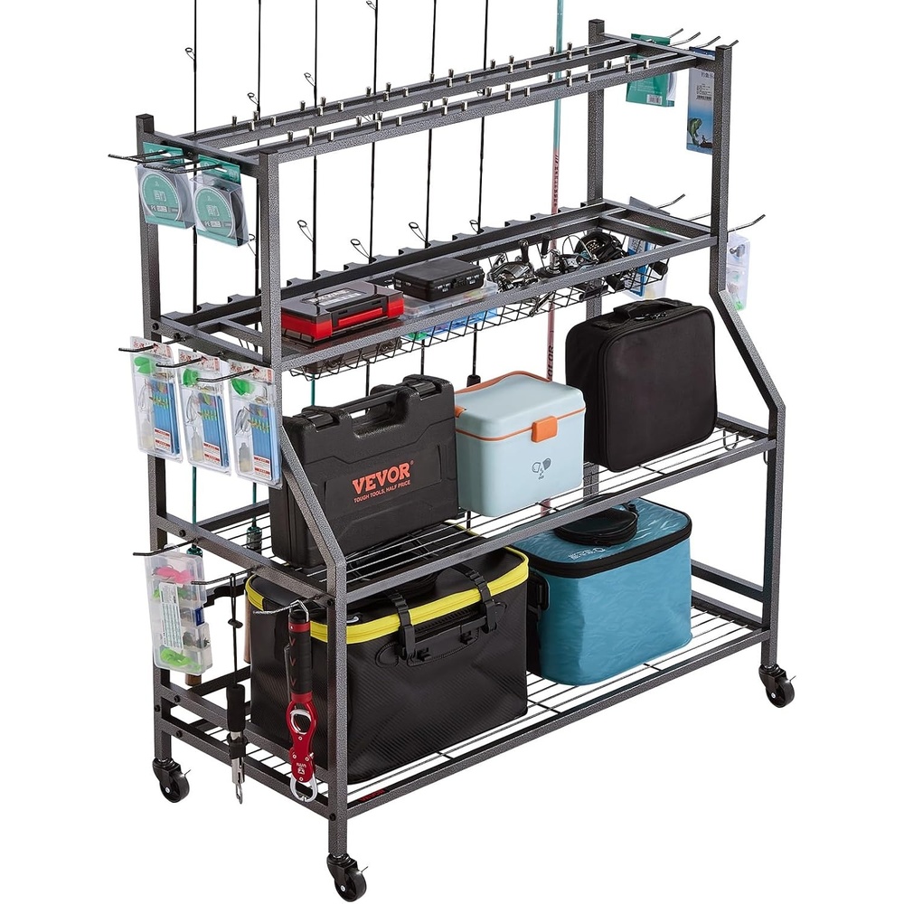 image:imageVEVOR Fishing Rod Holder for 12Rods Mobile Fishing Pole Rack Cart with Wheels Fish Gear Equipment Organizer for Garage Home Indoor Use for Tackle Box Reel Accessories Storage Gifts for Men  Fish Gear Equipment Organizer For Garage Home Indoor Use For Tackle Box Reel Accessories Storage Gifts for Men15Rods