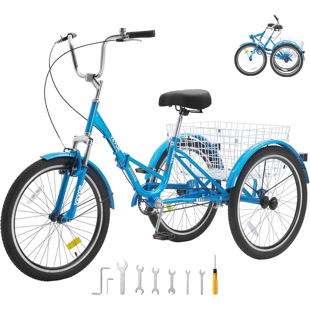 image:imageVEVOR Folding Adult Tricycle 24Inch Adult Folding Trikes Carbon Steel 3 Wheel Cruiser Bike with Large Basket amp Adjustable Seat Shopping Picnic Foldable Tricycles for Women Men Seniors Blue