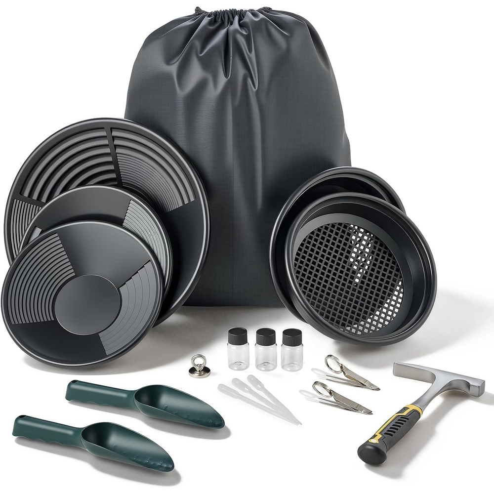 image:imageVEVOR Gold Panning Kit 10 in and 14 in Pans 19 PCS Portable Prospecting Equipment Kit with Classifier Sieves Sand Magnet Rock Pick Scoops Backpack and Accessories for Outdoor Gold Recovery10 inch and 14 inch