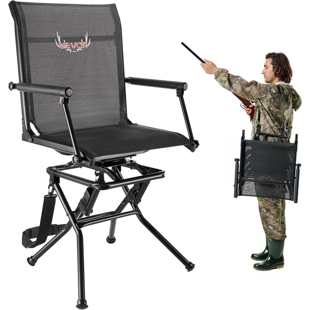 image:imageVEVOR Hunting Chair 360 Silent Swivel Foldable Lightweight Portable Blind Chair HeavyDuty Steel Frame Ground Stool Seat with Adjustable Shoulder Strap 300 Lbs Capacity for Fishing CampingBreathable Fabric 300 lbs