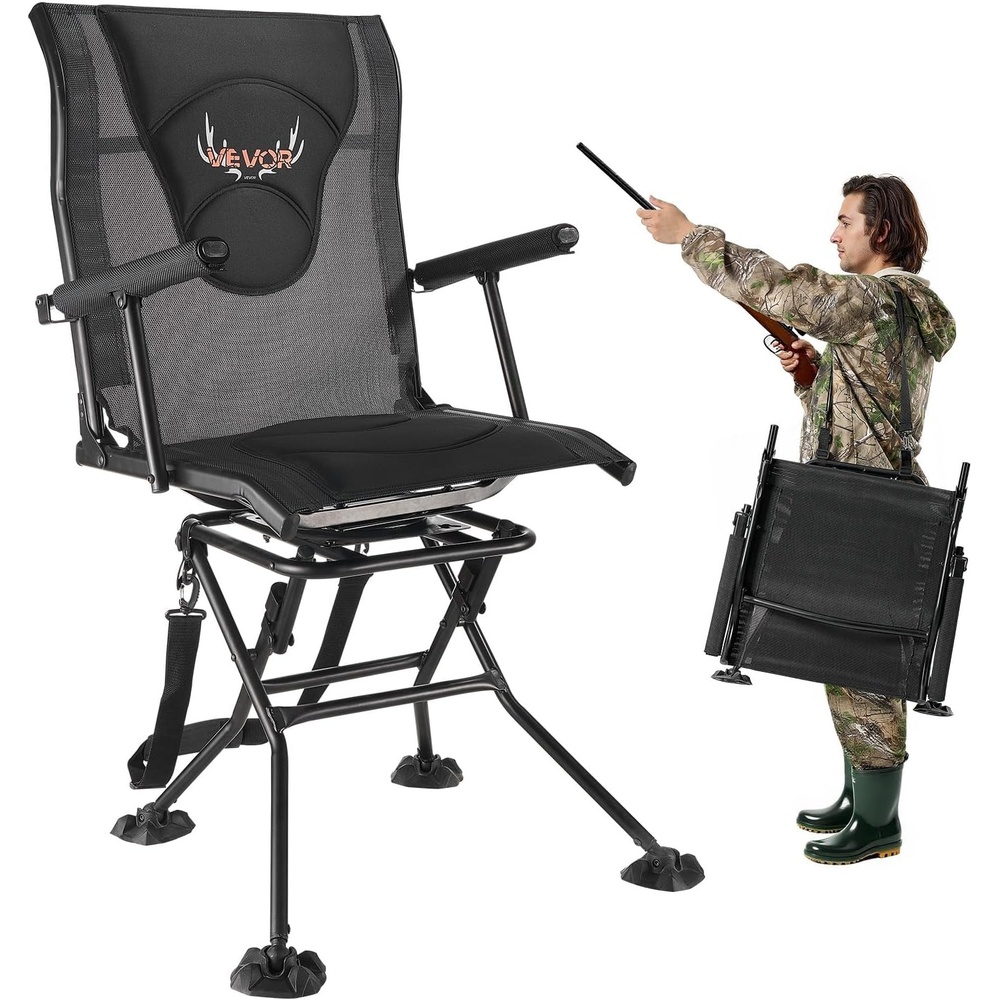 image:imageVEVOR Hunting Chair 360 Silent Swivel Foldable Lightweight Portable Blind Chair HeavyDuty Steel Frame Ground Stool Seat with Adjustable Shoulder Strap 300 Lbs Capacity for Fishing CampingMild Waterproof
