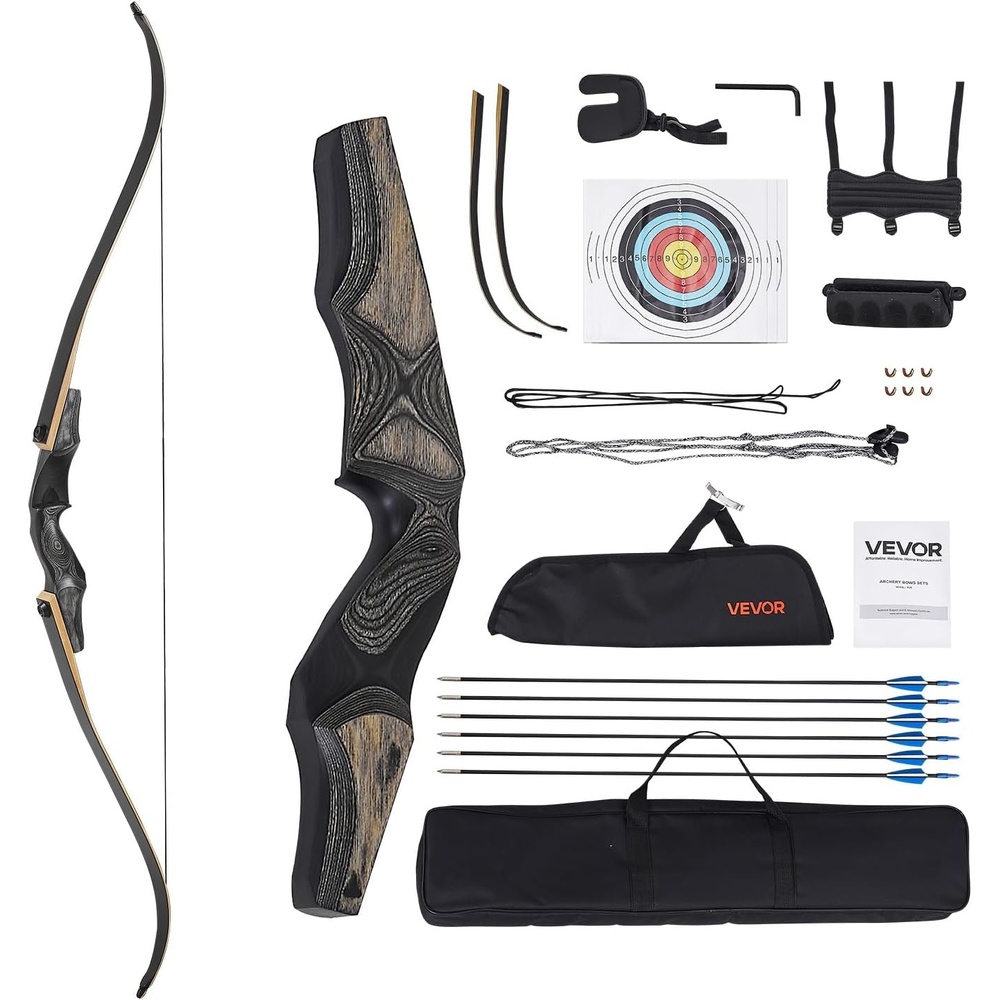 image:imageVEVOR Recurve Bow and Arrows Kit 60 inch Wooden Takedown Bows Right Handed Ergonomic Archery Recurve Bow Package Longbow for Outdoor Target Training Practice Hunting Beginners to Advanced50LB