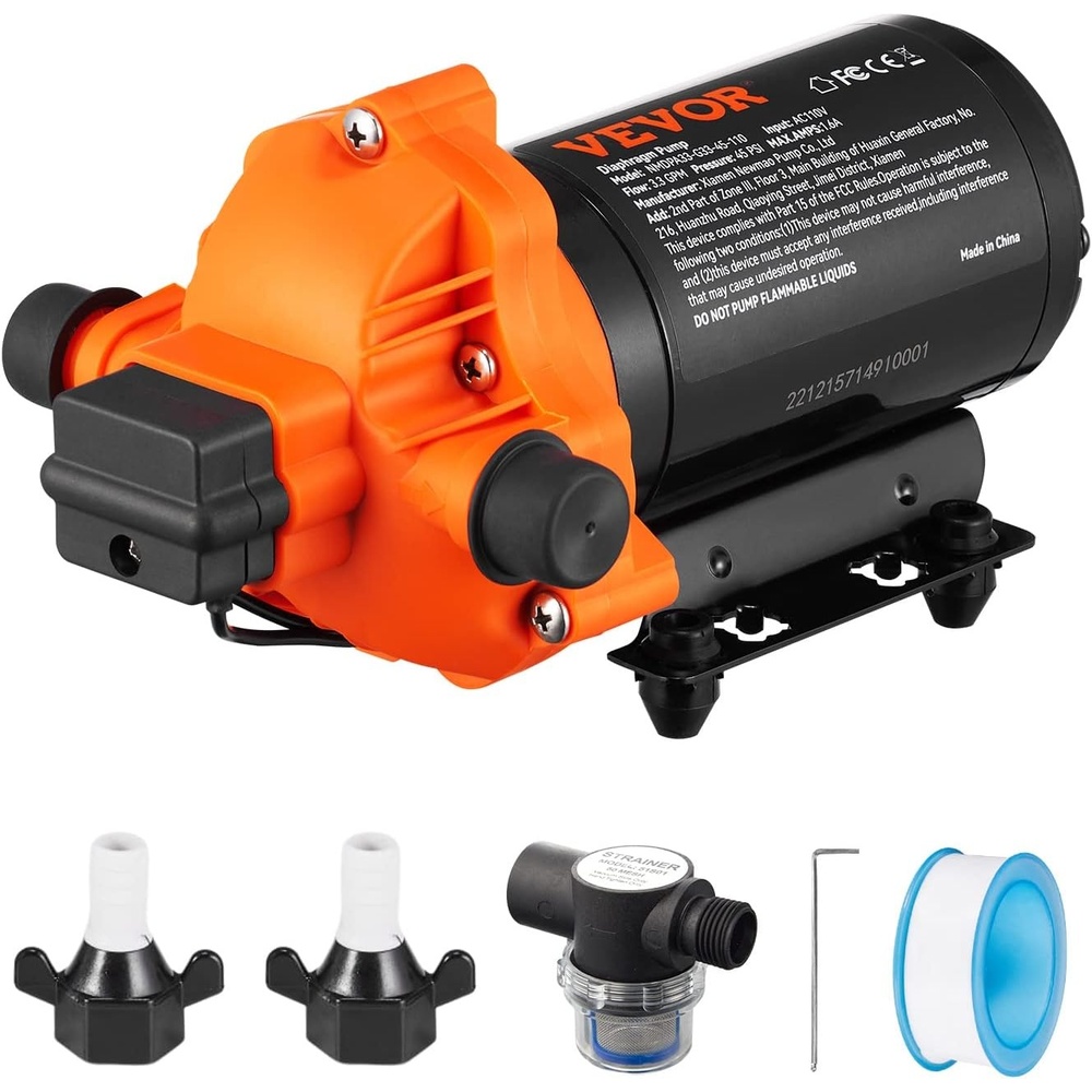 image:imageVEVOR Water Diaphragm Pump 12V DC 55 GPM Flow 70 PSI Rated Pressure 40100 PSI Adjustable 12 MNPT Self Priming Sprayer Pump with Pressure Switch for RV Camper Marine Boat Lawn FCC Certified110V  33GPM  45PSI