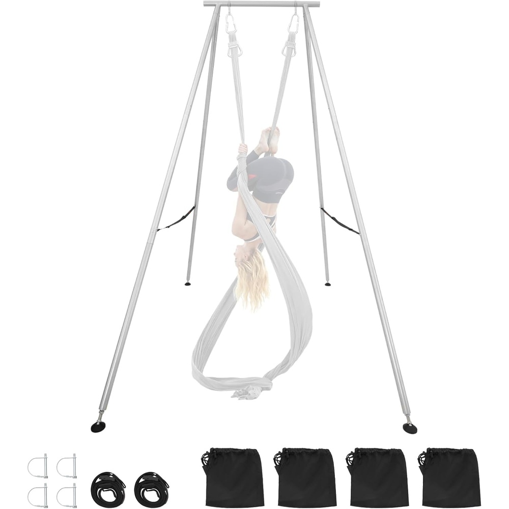 image:imageVEVOR Yoga Stand Frame 96 ft Aerial Silk Swing Stand Max 5512 lbs Load Capacity Triangular Structure with NonSlip Base amp EVA Foam 4Level Horizontal amp 6Level Vertical Adjustment Detachable Frame with 66Yard Yoga HammockSilverBlackSilverFrame