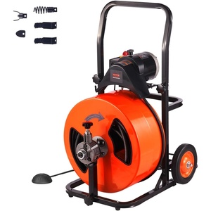 VEVOR 100FT x 3/4 Inch Drain Cleaner Machine Sewer Auger Auto Feed with 4 Cutter & Air-Activated Foot Switch for 4″ to 8″ Pipes, Orange, Black(100 FT x 3/4”)
