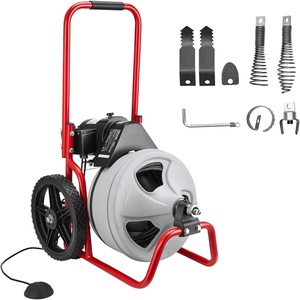 VEVOR Drain Cleaner Machine 75 FT x 3/8 Inch, Sewer Snake Auger Manual Feed on Wheels, Portable Drain Cleaning Machine with 6 Cutters & Air-activated Foot Switch for 2″ to 4″ Pipes(75 FT x 3/8”)