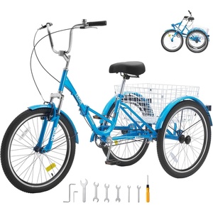 VEVOR Folding Adult Tricycle, 24-Inch Adult Folding Trikes, Carbon Steel 3 Wheel Cruiser Bike with Large Basket & Adjustable Seat, Shopping Picnic Foldable Tricycles for Women, Men, Seniors (Blue)