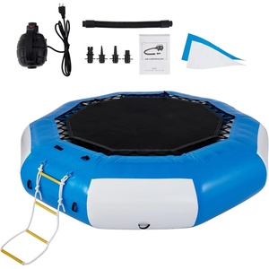 VEVOR Inflatable Water Trampoline, 13ft Recreational Water Bouncer with Escalator, Round Inflatable Water Trampoline in Blue and White, Floating Trampoline for Lakes, Pools, Calm Sea