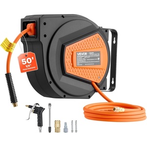 VEVOR Retractable Air Hose Reel, 1/4 Inch x 50 FT Hybrid Air Hose Max 300PSI, Enclosed Air-Compressor Hoses Reel Auto Rewind with 6.6 ft Lead in & Blow Gun, 180° Swivel Ceiling/Wall Mount(1/4IN x 50FT)