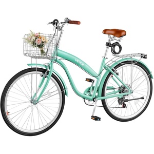 VEVOR Women Beach Cruiser Bike, 24/26 Inch 1/7 Speed, Pink & Light Blue Ladies Bicycle, Adjustable Seat, Front Basket & Rear Rack, Perfect for Daily Riding, Shopping & Fitness(Light green)