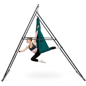 VEVOR Yoga Stand Frame, 9.6 ft Aerial Silk Swing Stand, Max 551.2 lbs Load Capacity, Triangular Structure with Non-Slip Base & EVA Foam, 4-Level Horizontal & 6-Level Vertical Adjustment, Detachable Frame with 6.6-Yard Yoga Hammock,Silver/Black(Green)