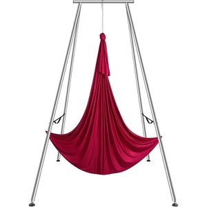 VEVOR Yoga Stand Frame, 9.6 ft Aerial Silk Swing Stand, Max 551.2 lbs Load Capacity, Triangular Structure with Non-Slip Base & EVA Foam, 4-Level Horizontal & 6-Level Vertical Adjustment, Detachable Frame with 6.6-Yard Yoga Hammock,Silver/Black(Red)