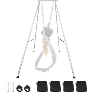 VEVOR Yoga Stand Frame, 9.6 ft Aerial Silk Swing Stand, Max 551.2 lbs Load Capacity, Triangular Structure with Non-Slip Base & EVA Foam, 4-Level Horizontal & 6-Level Vertical Adjustment, Detachable Frame with 6.6-Yard Yoga Hammock,Silver/Black(Silver-Frame)