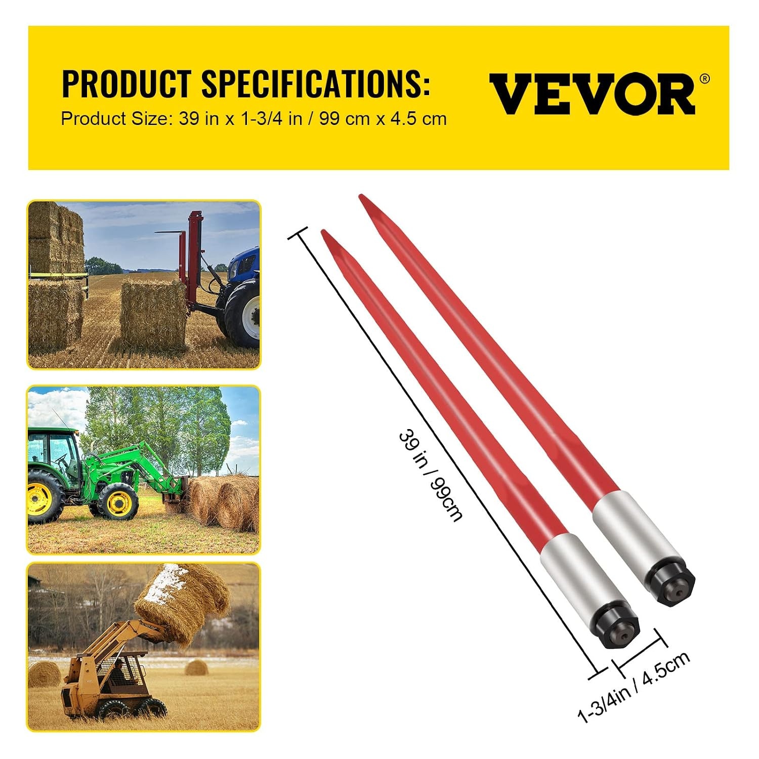 image:imageMophorn Pair Hay Spear 43 Bale Spear 3000 lbs Capacity Bale Spike Quick Attach Square Hay Bale Spears 1 34 Red Coated Bale Forks Bale Hay Spike with Hex Nut amp Sleeve for Buckets Tractors Loaders39