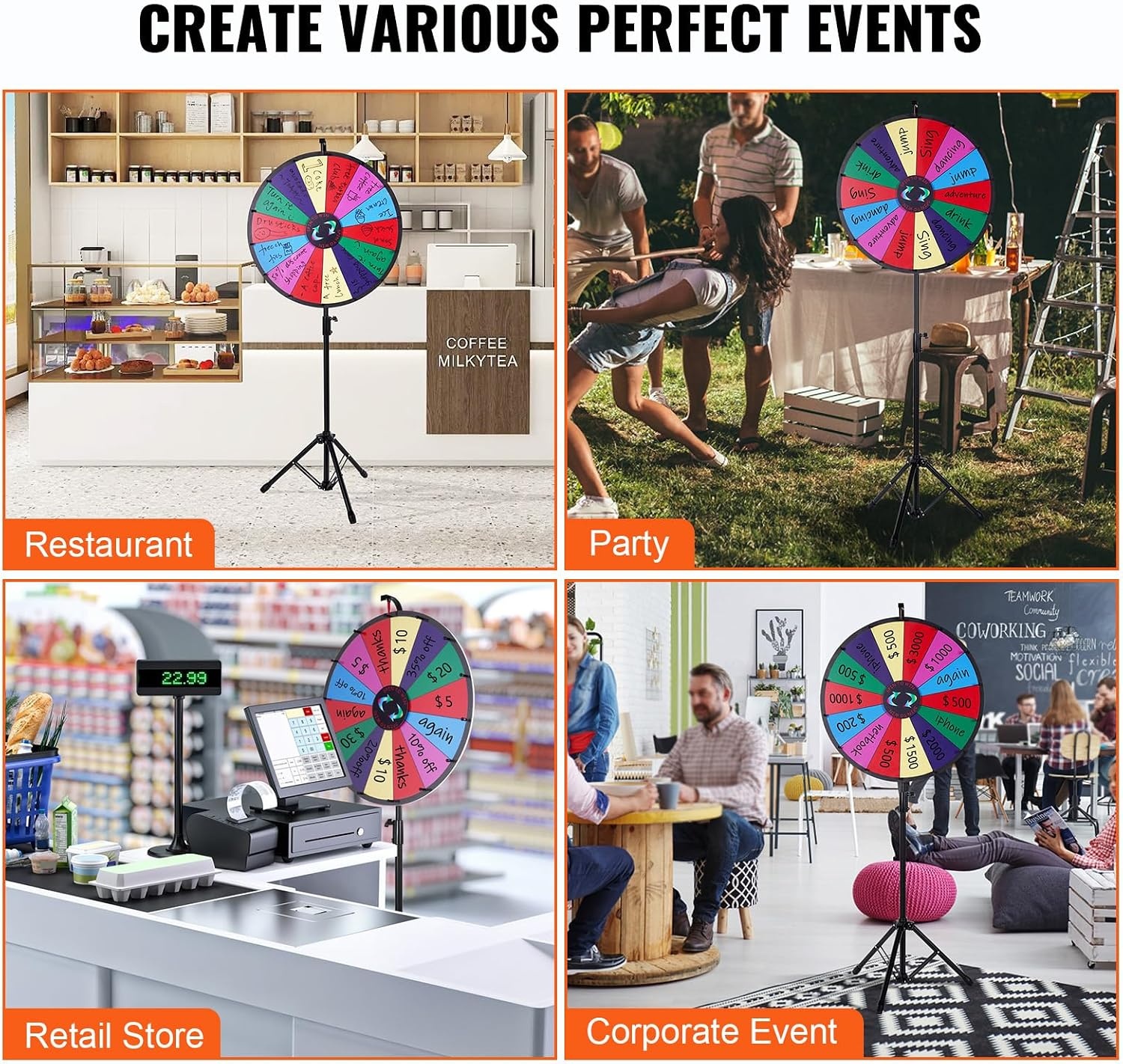 image:imageVEVOR 24 Color Prize Wheel Tripod Floor Stand Color Prize Wheel 14 Slots Dry Ease Fortune Spinner Fortune Spinning Game24 inch