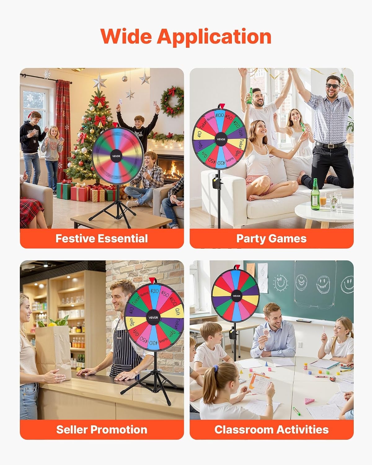 image:imageVEVOR 24 in Spinning Prize Wheel 14 Slots Spinning Wheel with Tripod Adjustable Height Win Fortune Roulette with a Dry Erase and 2 Markers 6 Colors Easy Assembly for Party Pub Trade Show Carnival
