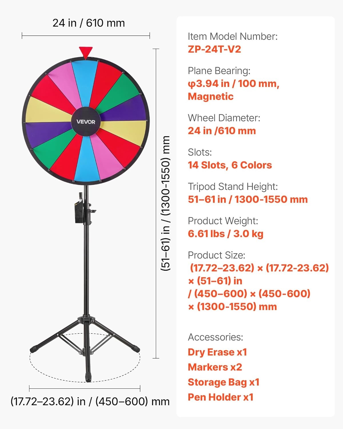 image:imageVEVOR 24 in Spinning Prize Wheel 14 Slots Spinning Wheel with Tripod Adjustable Height Win Fortune Roulette with a Dry Erase and 2 Markers 6 Colors Easy Assembly for Party Pub Trade Show Carnival