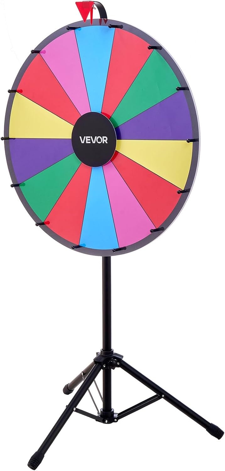 image:imageVEVOR 24 in Spinning Prize Wheel 14 Slots Spinning Wheel with Tripod Adjustable Height Win Fortune Roulette with a Dry Erase and 2 Markers 6 Colors Easy Assembly for Party Pub Trade Show Carnival