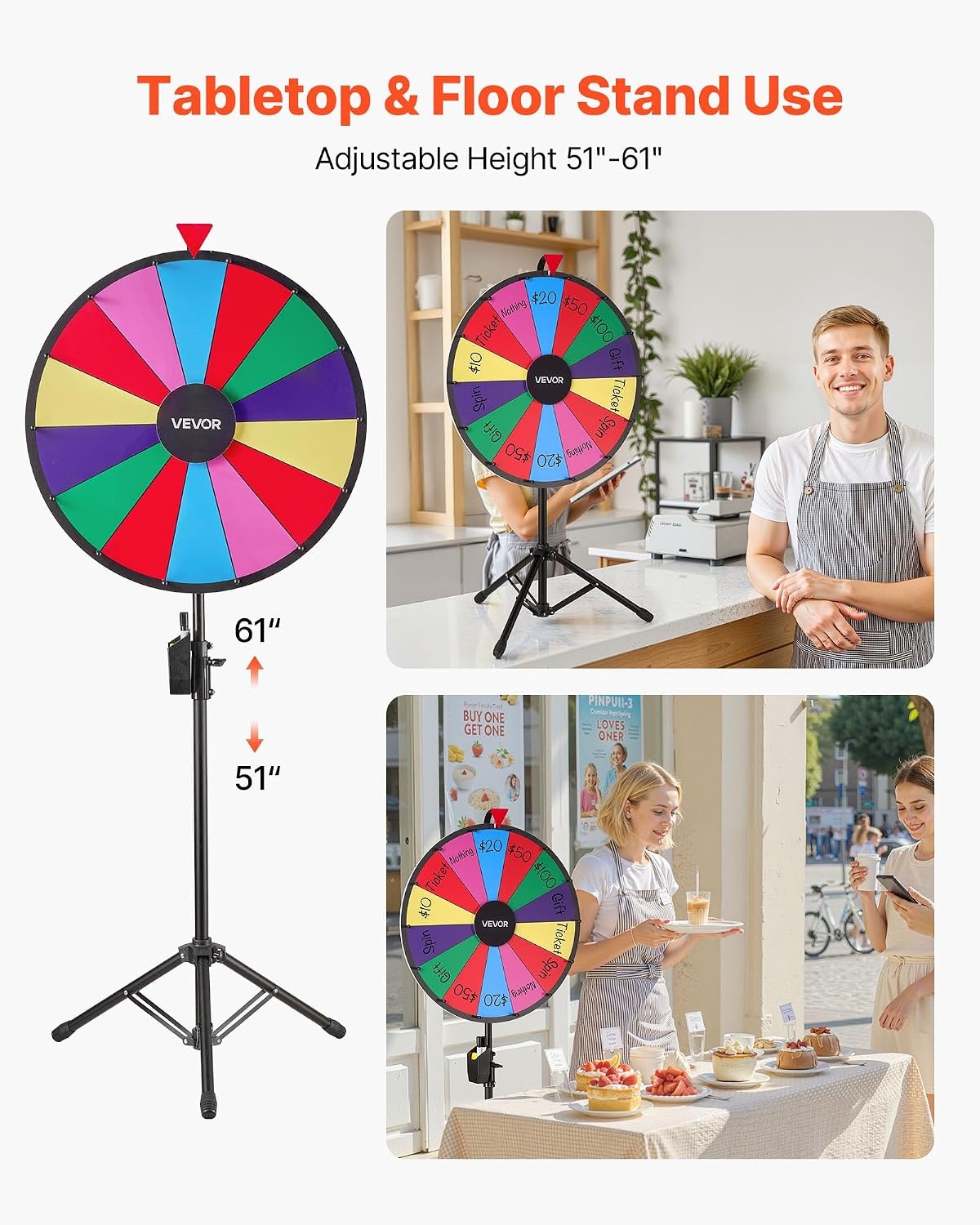 image:imageVEVOR 24 in Spinning Prize Wheel 14 Slots Spinning Wheel with Tripod Adjustable Height Win Fortune Roulette with a Dry Erase and 2 Markers 6 Colors Easy Assembly for Party Pub Trade Show Carnival