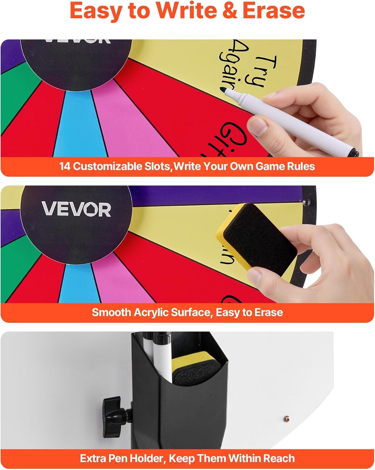 image:imageVEVOR 24 in Spinning Prize Wheel 14 Slots Spinning Wheel with Tripod Adjustable Height Win Fortune Roulette with a Dry Erase and 2 Markers 6 Colors Easy Assembly for Party Pub Trade Show Carnival