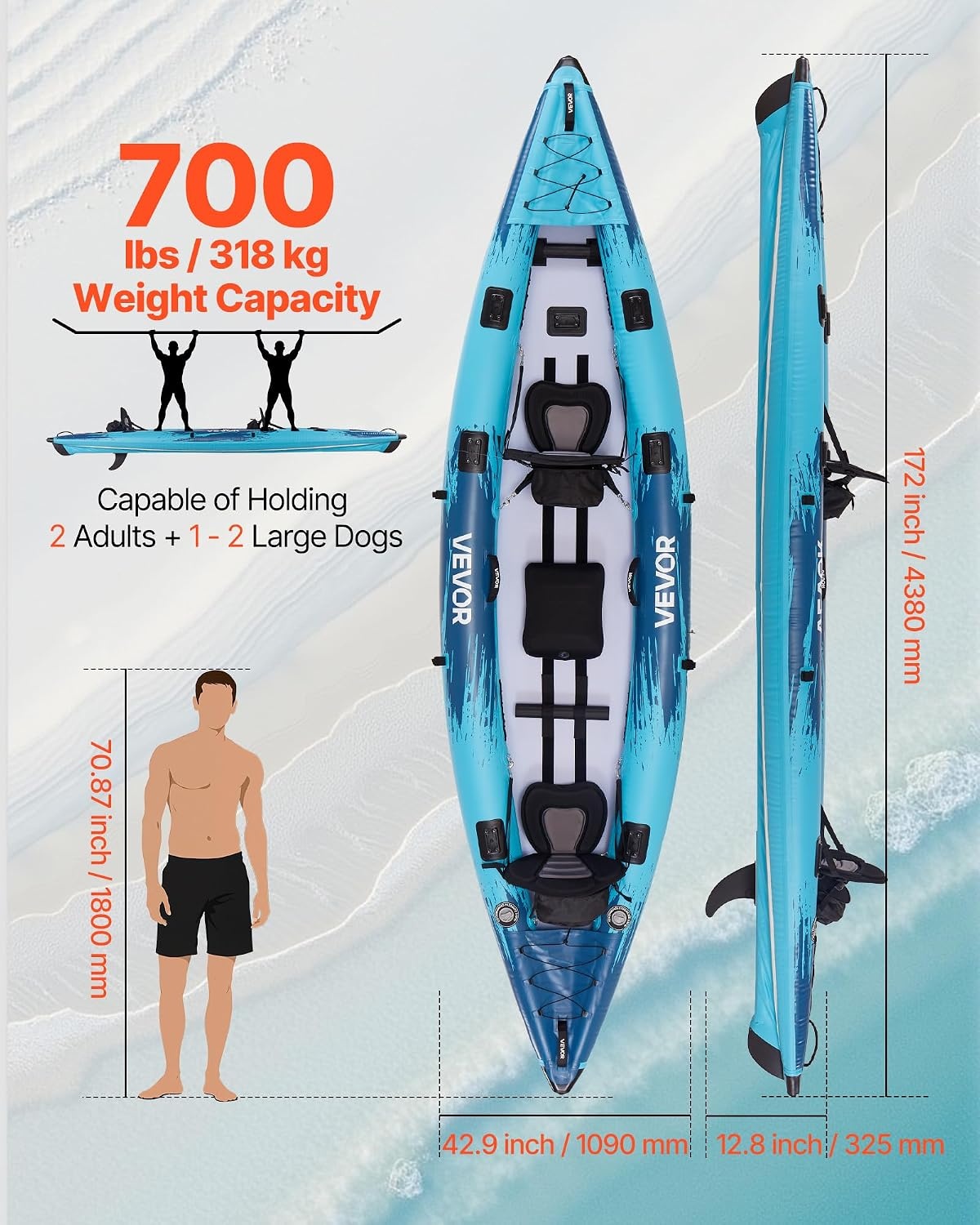 image:imageVEVOR 2Person Inflatable Kayak 144 x 37 Extra Spacious for Family amp Dogs 700lb Capacity Sitin Kayak with Accessories Includes 2 Paddles Pump amp Carry Bag Perfect for Fishing and Touring