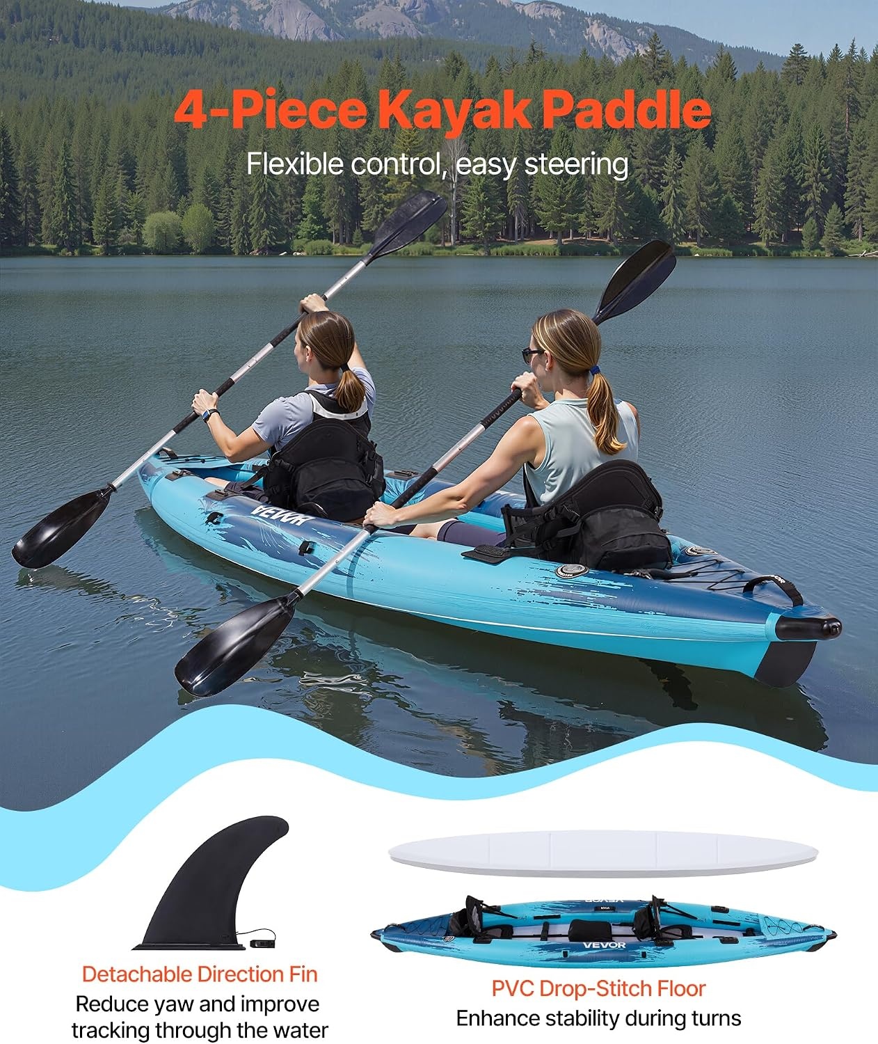 image:imageVEVOR 2Person Inflatable Kayak 144 x 37 Extra Spacious for Family amp Dogs 700lb Capacity Sitin Kayak with Accessories Includes 2 Paddles Pump amp Carry Bag Perfect for Fishing and Touring