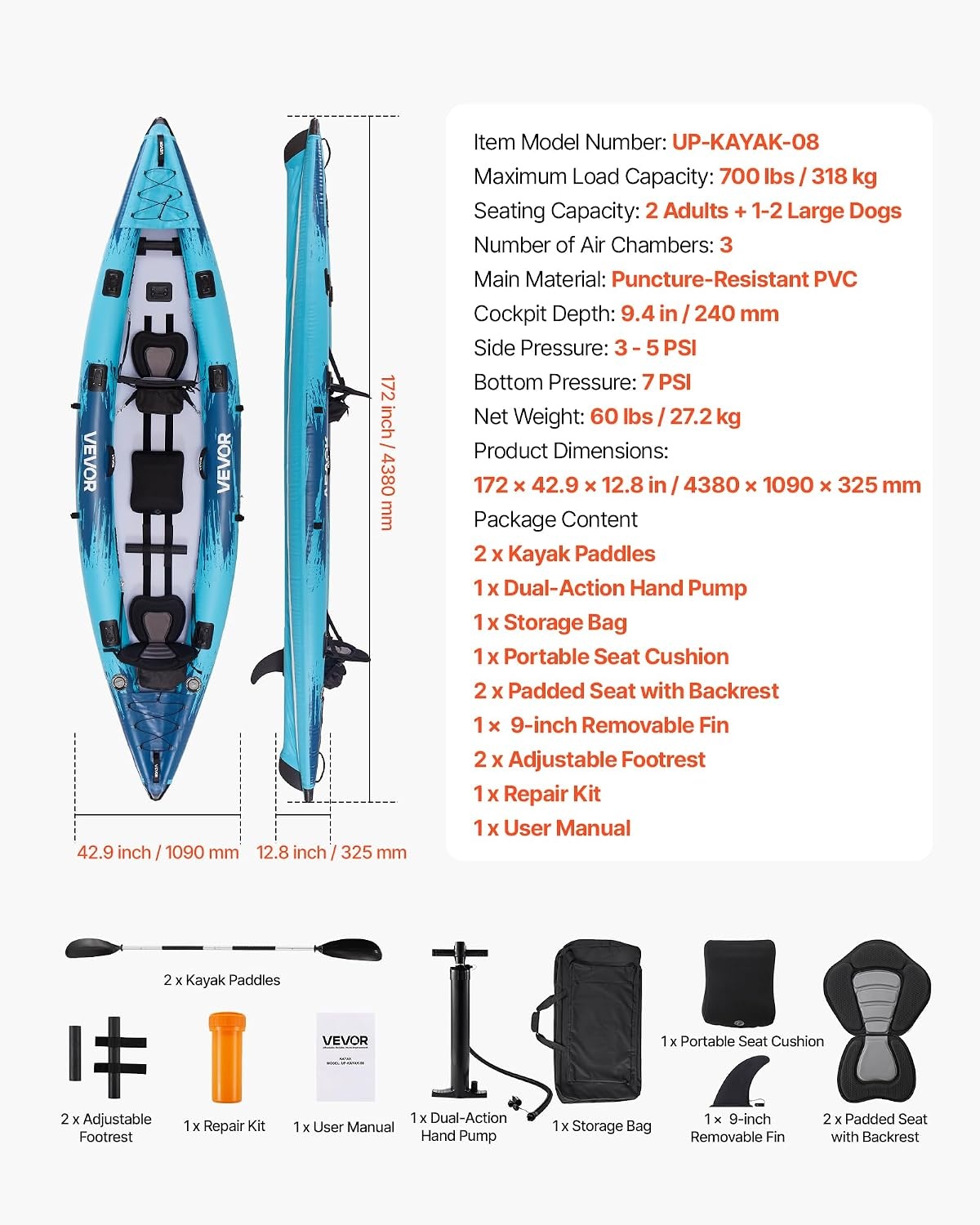 image:imageVEVOR 2Person Inflatable Kayak 144 x 37 Extra Spacious for Family amp Dogs 700lb Capacity Sitin Kayak with Accessories Includes 2 Paddles Pump amp Carry Bag Perfect for Fishing and Touring