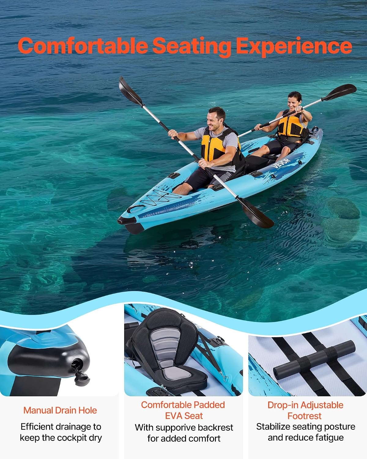 image:imageVEVOR 2Person Inflatable Kayak 144 x 37 Extra Spacious for Family amp Dogs 700lb Capacity Sitin Kayak with Accessories Includes 2 Paddles Pump amp Carry Bag Perfect for Fishing and Touring