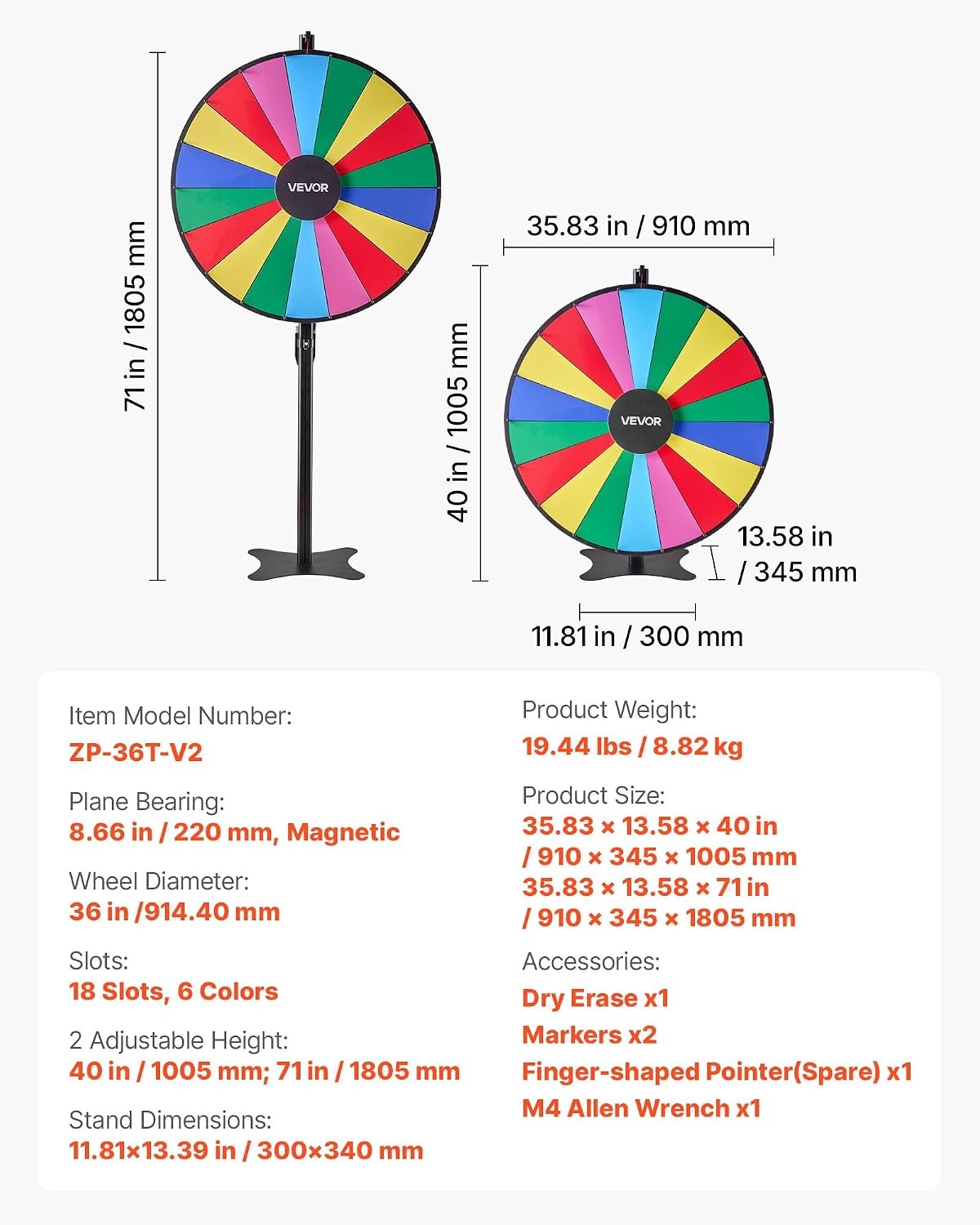 image:imageVEVOR 36 in Spinning Prize Wheel 18 Slots Spinning Wheel with Stand Adjustable Height Win Fortune Roulette with a Dry Erase and 2 Markers 6 Colors Easy Assembly for Party Pub Trade Show Carnival36 INCH