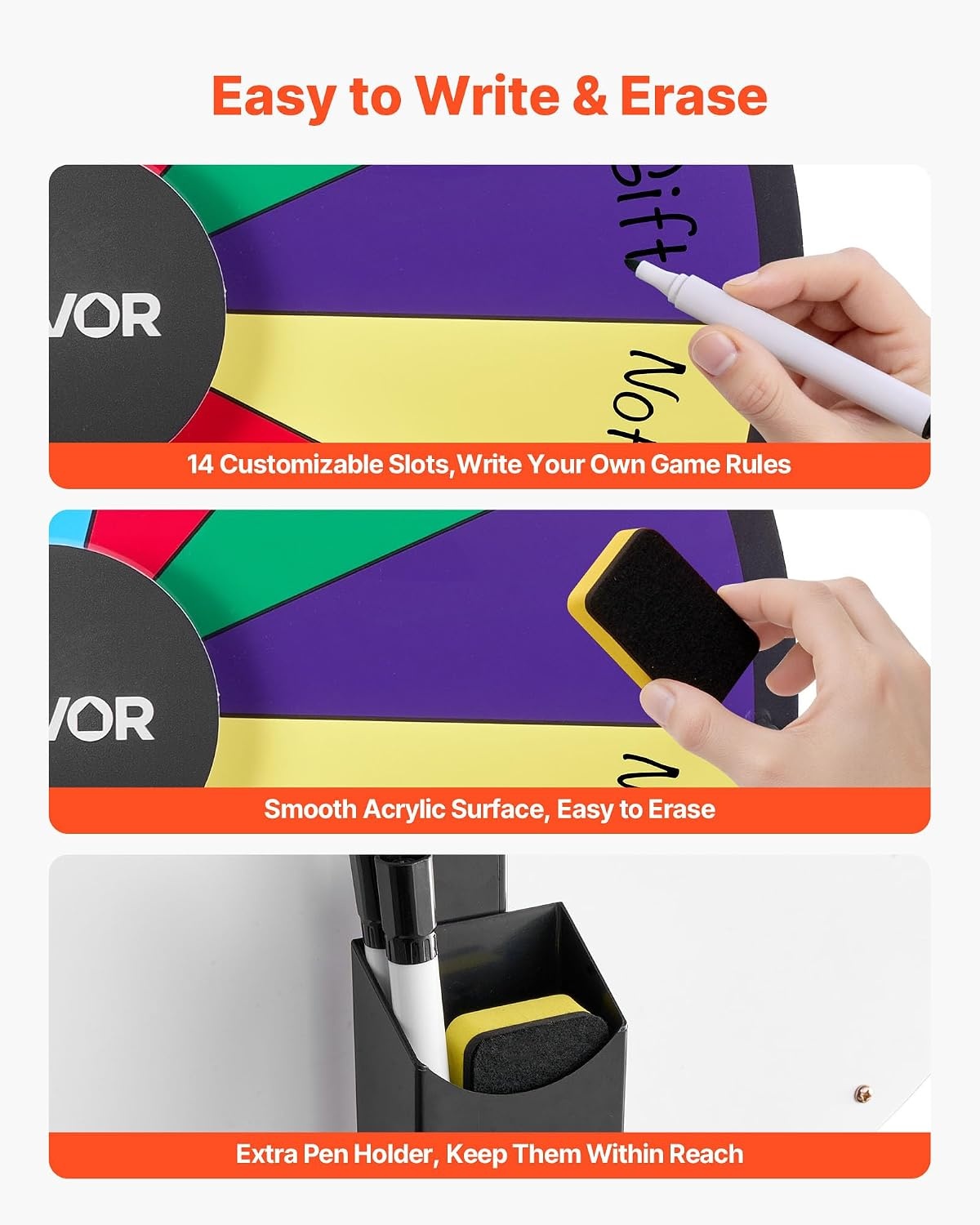 image:imageVEVOR 36 in Spinning Prize Wheel 18 Slots Spinning Wheel with Stand Adjustable Height Win Fortune Roulette with a Dry Erase and 2 Markers 6 Colors Easy Assembly for Party Pub Trade Show Carnival24 INCH TABLE TOP