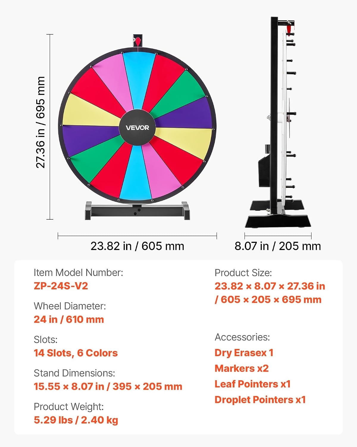 image:imageVEVOR 36 in Spinning Prize Wheel 18 Slots Spinning Wheel with Stand Adjustable Height Win Fortune Roulette with a Dry Erase and 2 Markers 6 Colors Easy Assembly for Party Pub Trade Show Carnival24 INCH TABLE TOP