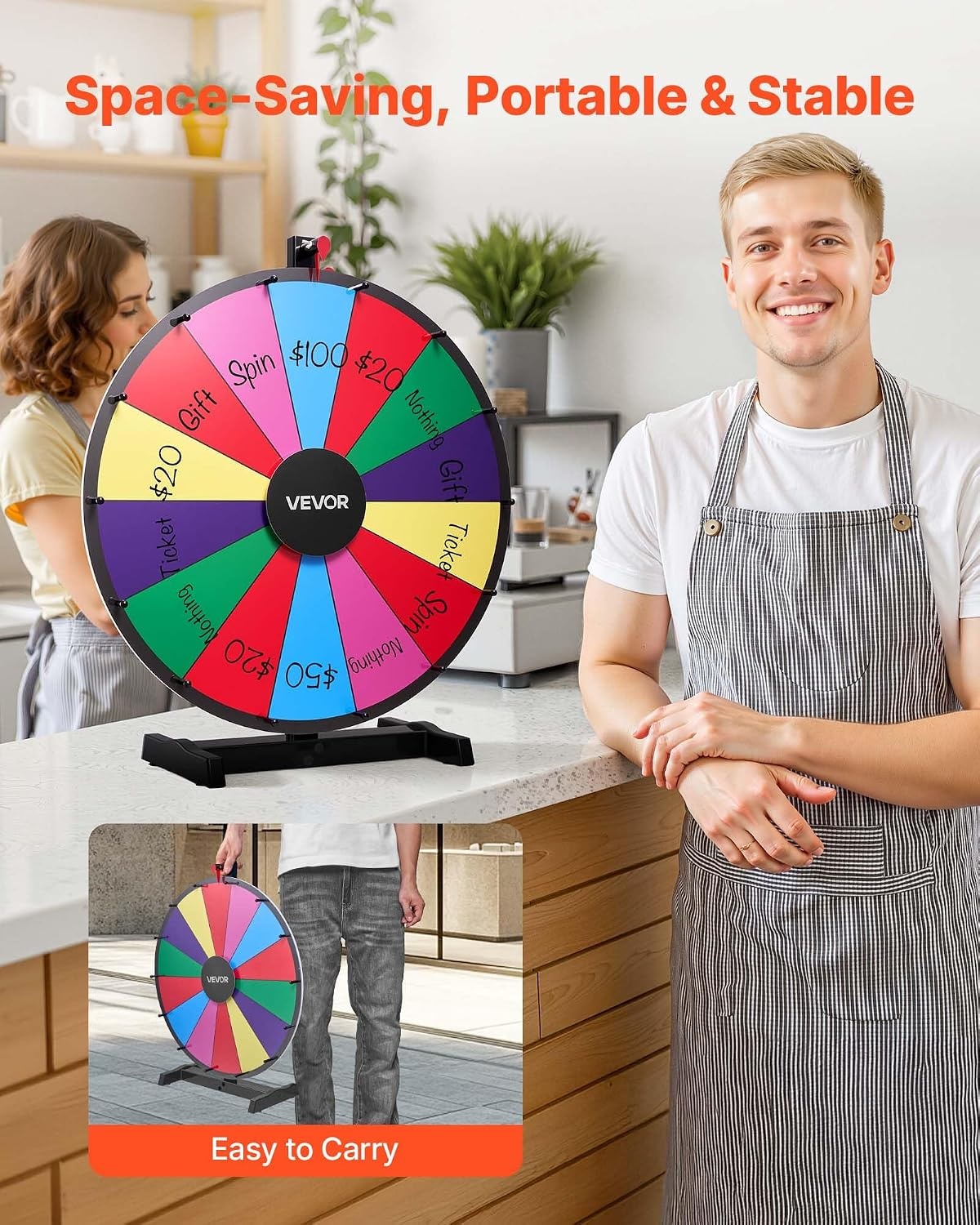 image:imageVEVOR 36 in Spinning Prize Wheel 18 Slots Spinning Wheel with Stand Adjustable Height Win Fortune Roulette with a Dry Erase and 2 Markers 6 Colors Easy Assembly for Party Pub Trade Show Carnival24 INCH TABLE TOP