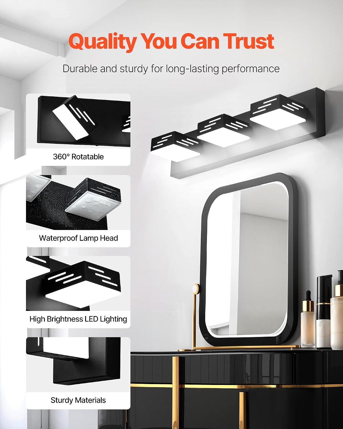 image:imageVEVOR 3Light LED Modern Vanity Light Fixtures 1969Inch Black Finish Bathroom Wall Lighting Fixture Over Mirror with IP44 Waterproof for Bathroom Living Room Bedroom Hallway Cool White 6000K