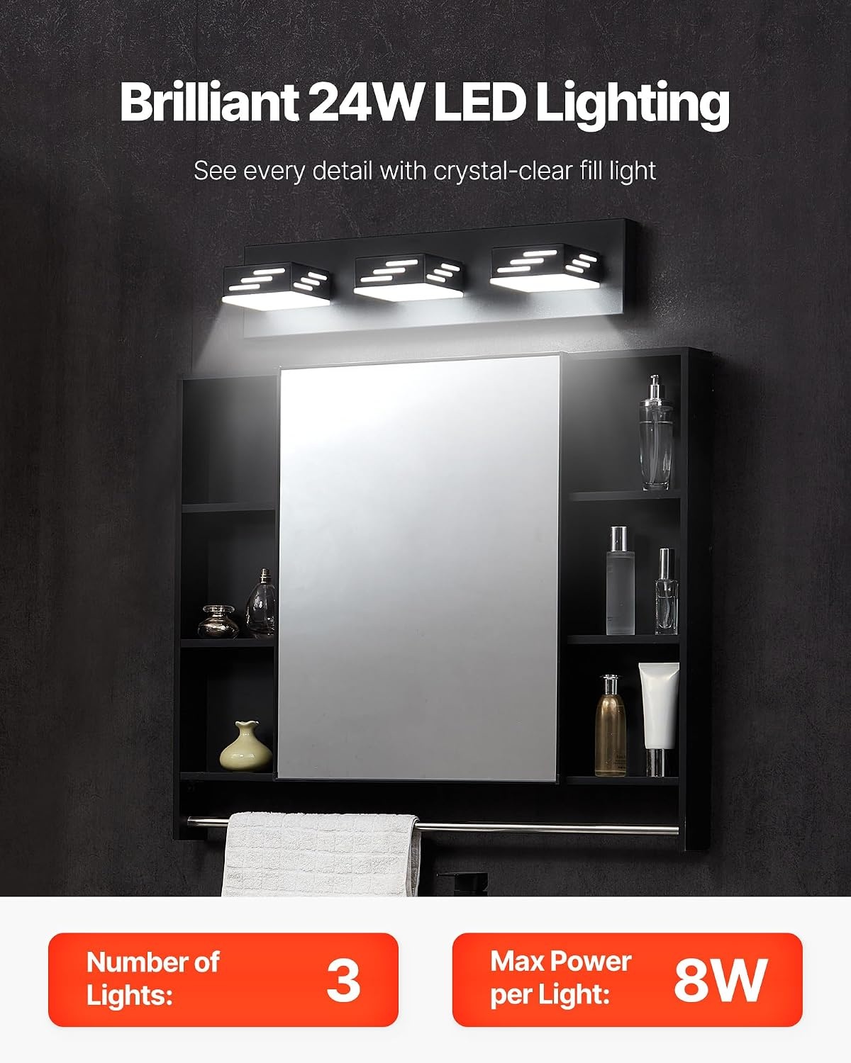 image:imageVEVOR 3Light LED Modern Vanity Light Fixtures 1969Inch Black Finish Bathroom Wall Lighting Fixture Over Mirror with IP44 Waterproof for Bathroom Living Room Bedroom Hallway Cool White 6000K
