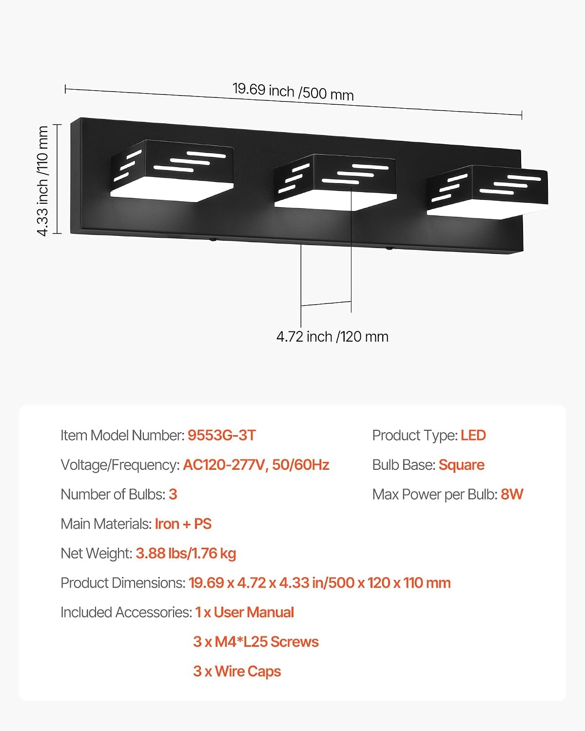 image:imageVEVOR 3Light LED Modern Vanity Light Fixtures 1969Inch Black Finish Bathroom Wall Lighting Fixture Over Mirror with IP44 Waterproof for Bathroom Living Room Bedroom Hallway Cool White 6000K