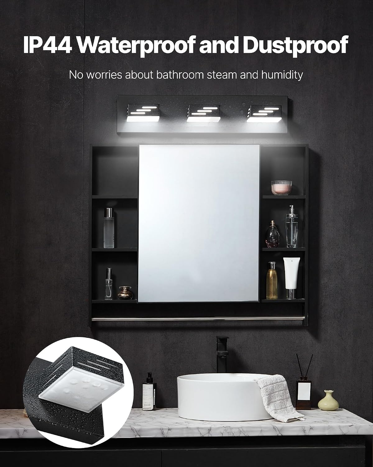 image:imageVEVOR 3Light LED Modern Vanity Light Fixtures 1969Inch Black Finish Bathroom Wall Lighting Fixture Over Mirror with IP44 Waterproof for Bathroom Living Room Bedroom Hallway Cool White 6000K