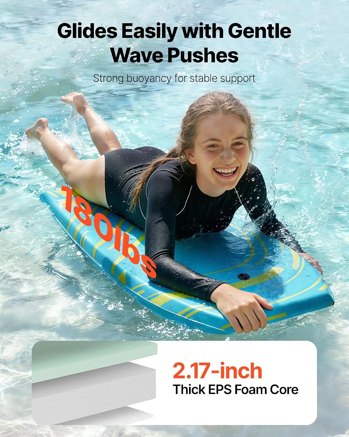 image:imageVEVOR 42Inch Bodyboard Body Board Trainer with EPS Foam Core amp Wrist Leash UVResistant Beach Bodyboard for Beginners Youth Up to 180 lbs