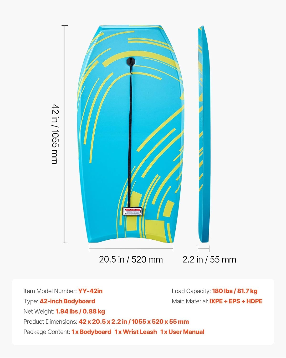 image:imageVEVOR 42Inch Bodyboard Body Board Trainer with EPS Foam Core amp Wrist Leash UVResistant Beach Bodyboard for Beginners Youth Up to 180 lbs