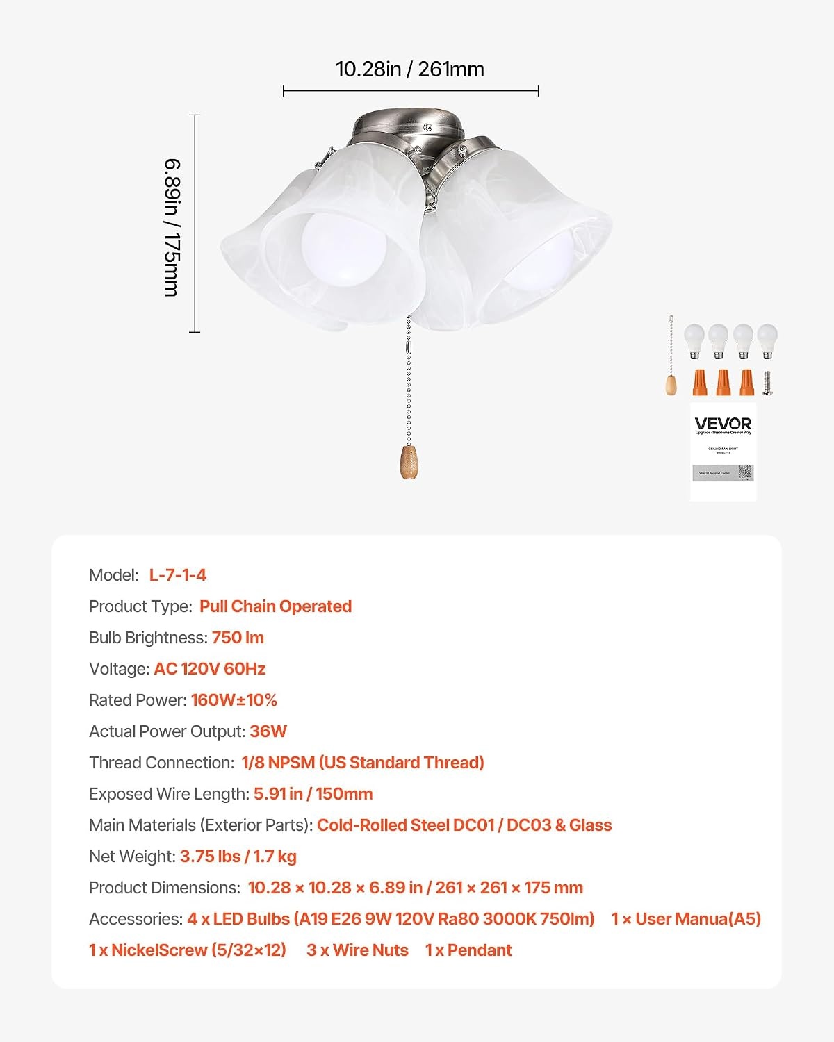 image:imageVEVOR Ceiling Fan Light Kit FourLight 3000K 750lm Fan Light Kit with Pull Chain Replacement Light Fixture for Living Room Bedroom Home Decor Cloud White Glass Shade Brushed Nickel Floral Shape