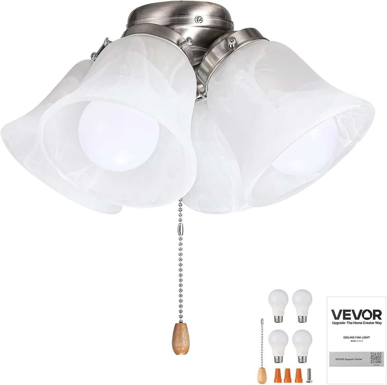 image:imageVEVOR Ceiling Fan Light Kit FourLight 3000K 750lm Fan Light Kit with Pull Chain Replacement Light Fixture for Living Room Bedroom Home Decor Cloud White Glass Shade Brushed Nickel Floral Shape