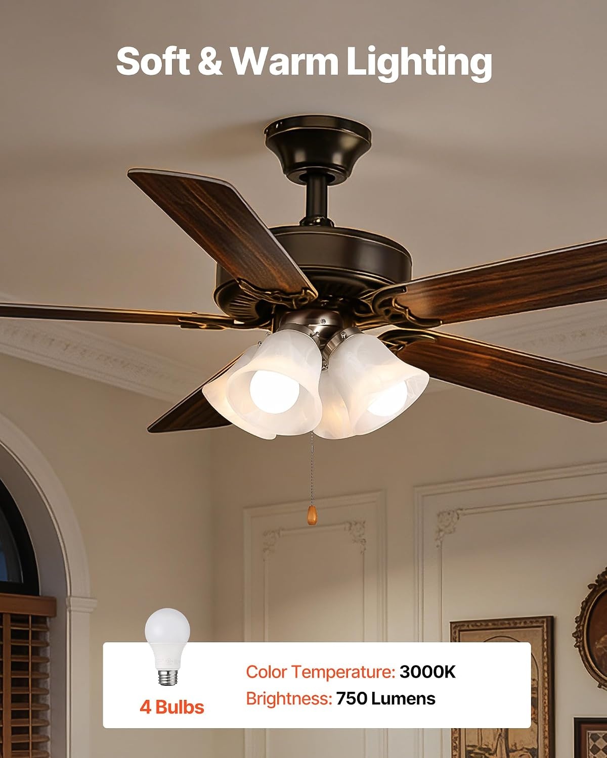 image:imageVEVOR Ceiling Fan Light Kit FourLight 3000K 750lm Fan Light Kit with Pull Chain Replacement Light Fixture for Living Room Bedroom Home Decor Cloud White Glass Shade Brushed Nickel Floral Shape
